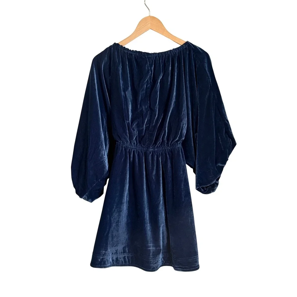 Free People Portia Velvet Mini Babydoll Dress Womens Size M Navy Blue Boho Chic